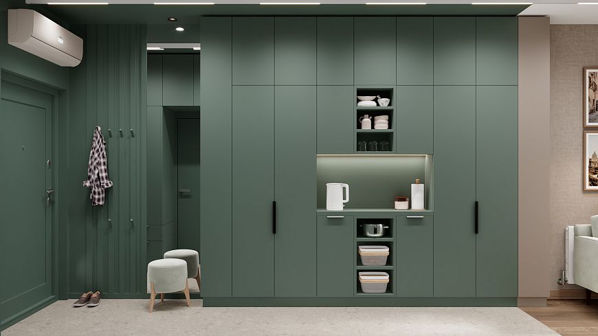 Современная прихожая в тёмнозелёных тонах